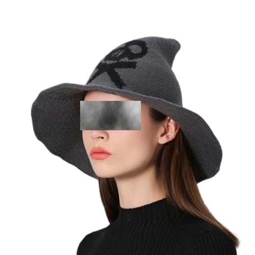 HzDazrl Hexenhut für Damen, breite Krempe, Wolle, spitze Kappe, Weihnachten, Party, Urlaub, tägliches Accessoire, Zaubererhüte (Totenkopf-Druck, gestrickt, grau, Einheitsgröße) von HzDazrl