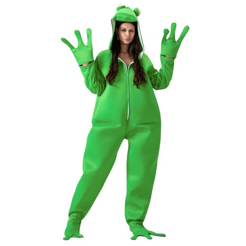 HzDazrl Unisex-Kostüm für Erwachsene, Tier-Halloween-Kostüm, langärmelig, mit Kapuze, Jumpsuit, lustig, einteilig, Cosplay-Anzug für Damen und Herren, Grün, Größe L von HzDazrl