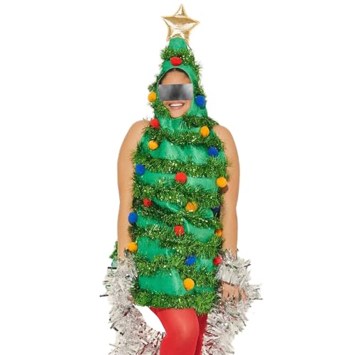 HzDazrl Weihnachtsbaum-Kostüm für Erwachsene, ärmellos, mit Kapuze, Cosplay, Party, Requisite, Weihnachts-Outfit für Damen und Herren, Grün, Einheitsgröße von HzDazrl