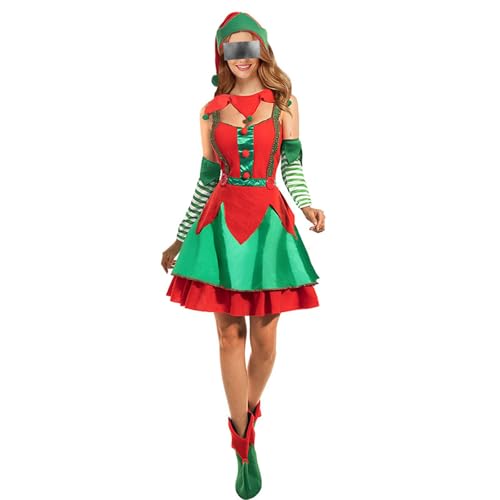 HzDazrl Weihnachtselfenkostüm-Set für Damen, niedlicher Weihnachtsanzug, Party, Urlaub, Kleid, Elfenhut, Cosplay, Outfits (Stil #010, L) von HzDazrl