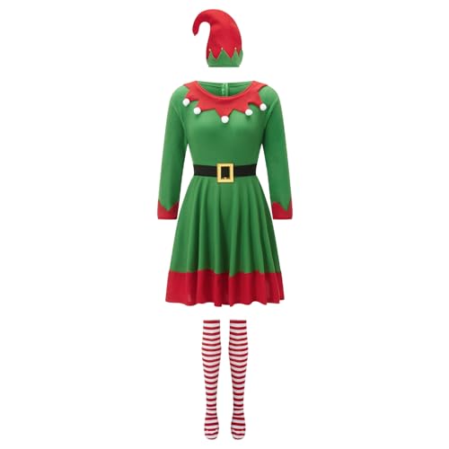 HzDazrl Weihnachtselfenkostüm-Set für Damen, niedlicher Weihnachtsanzug, Party, Urlaub, Kleid, Elfenhut, Cosplay, Outfits (Stil #040, M) von HzDazrl