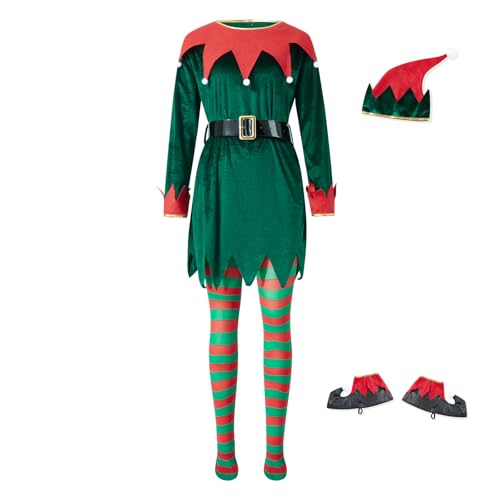 HzDazrl Weihnachtselfenkostüm-Set für Damen, niedlicher Weihnachtsanzug, Party, Urlaub, Kleid, Elfenhut, Cosplay, Outfits (Stil #050, L) von HzDazrl