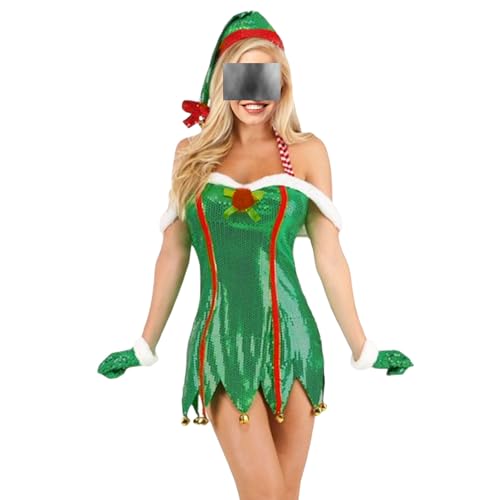 HzDazrl Weihnachtselfenkostüm-Set für Damen, niedlicher Weihnachtsanzug, Party, Urlaub, Kleid, Elfenhut, Cosplay-Outfits (Stil #020, L) von HzDazrl