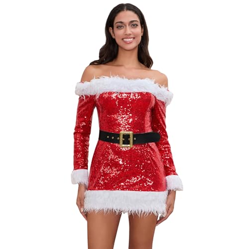 HzDazrl Weihnachtskleider für Damen, Frauenmann-Kostüm, ausgefallenes Langarmkleid, Cosplay, Club, Cocktailparty, Outfits (Glitzer-Rot, L) von HzDazrl