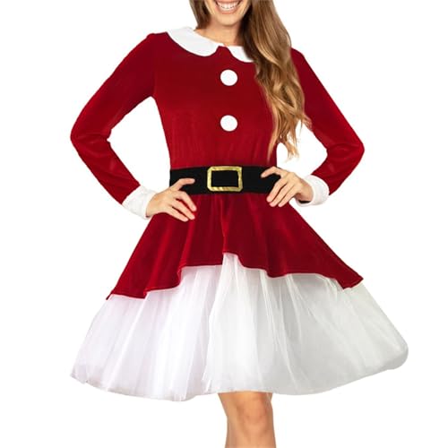 HzDazrl Weihnachtskleider für Damen, Frauenmann-Kostüm, ausgefallenes Langarmkleid, Cosplay, Club, Cocktailparty, Outfits (Samt-Netz, Rot, L) von HzDazrl