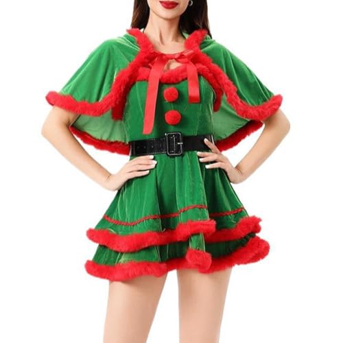 HzDazrl Weihnachtsmann-Kostüme für Damen, Weihnachtsmann-Kostüm, Anzug, Weihnachtsmann, Party, Cosplay, Outfit, Schlauchkleid, Kapuzenschal, Gürtel, 3-teiliges Set (Grün, L) von HzDazrl