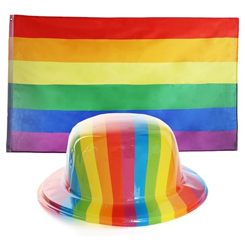 1,5 x 0,9 m Pride-Flagge und Kunststoff-Mütze, 3 Stück, große Pride-Flagge und Regenbogen-Bowler-Hut aus Kunststoff, perfekt für Stolz und Sommerveranstaltungen von I LOVE FANCY DRESS