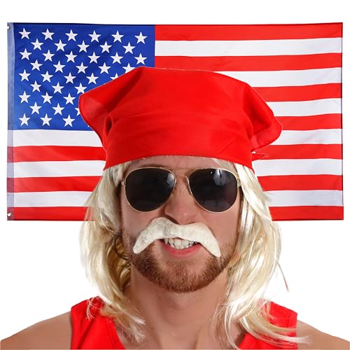 1980er Jahre Wrestler Zubehör-Set & USA-Flagge – rotes Bandana, goldene Sonnenbrille, blonde Bob-Perücke, blonder Schnurrbart und 1,5 x 0,9 m USA-Flagge – perfekt für jede Kostümveranstaltung von I LOVE FANCY DRESS