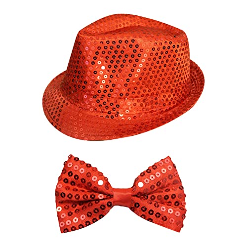 2-teiliges Set mit Hut und Fliege für Erwachsene, roter Pailletten-Fedora-Hut und Fliege, perfekt für Tanz, Bühnenshows und Kostümveranstaltungen von I LOVE FANCY DRESS