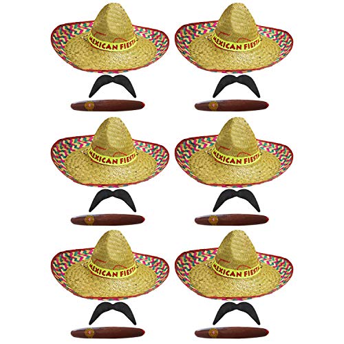 6 x mexikanischen Sombrero Stroh Hüte + 6 moustashes ideal für Fancy Dress oder Hirsch Nacht von I LOVE FANCY DRESS