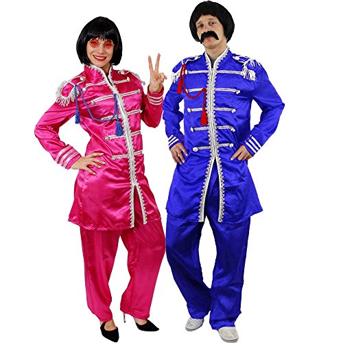 60er GENERATION SERGEANT-PEPPER = PAARE KOSTÜME VERKLEIDUNG =ROSA +EIN BLAUES KOSTÜM +BLAUE+ROSA HIPPIE BRILLE + 2 SCHWARZE BOB PERÜCKEN+SELBSTKLEBENDER SCHNURRBART=BLAU/MEDIUM+ROSA/XLARGE von I LOVE FANCY DRESS