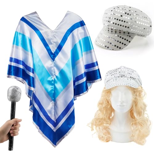Damen 70er Jahre Pop Star Kostüm Set - Blau und Silber Poncho Lange Blonde Perücke Glitzer Mikrofon Pailletten Hut - Erwachsene 1970er Jahre Disco Verkleidung Outfit für Partys, Junggesellenabschied Damen 70er Jahre Pop Star Kostüm Set - Blau und Silber Poncho Lange Blonde Perücke Glitzer Mikrofon Pailletten Hut - Erwachsene 1970er Jahre Disco Verkleidung Outfit für Partys, Junggesellenabschied von I LOVE FANCY DRESS