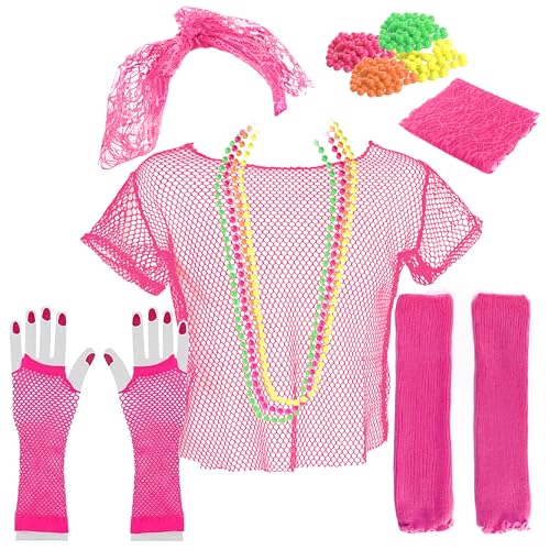 80er-Jahre-Kostüm-Set für Erwachsene, Größe S, rosa Netz-Oberteil, rosa Netzhandschuh, rosa Beinstulpen, rosa Spitzen-Haarschmuck, neonfarbene Perlenketten, 1980er-Jahre-Kostüm-Set für Damen von I LOVE FANCY DRESS