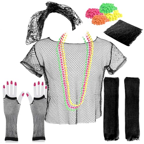 80er-Jahre-Kostüm-Set für Erwachsene, Größe S, schwarzes Netz-Oberteil, schwarzer Netzhandschuh, schwarze Beinstulpen, schwarze Spitzen-Haar-Accessoire, neonfarbene Perlenketten, von I LOVE FANCY DRESS