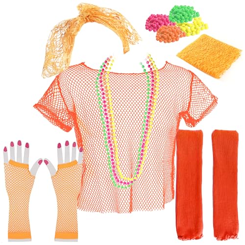 80er-Jahre-Kostüm-Set für Erwachsene, Standard, orangefarbenes Netz-Oberteil, orangefarbene Netzhandschuhe, orangefarbene Beinstulpen, orangefarbene Spitzen-Haar-Accessoire, neonfarbene Perlenketten – von I LOVE FANCY DRESS