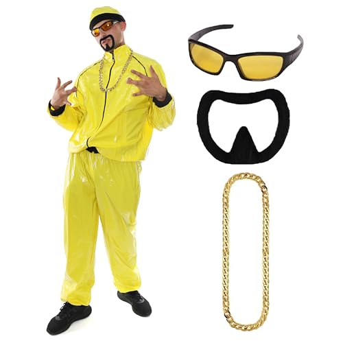 90er Jahre Celebrity Kostüm - Erwachsene Gelb & Schwarz Muschel Anzug + Passender Hut + Sonnenbrille + Goldkette + Schwarzer Ziegenbart - Lustiges Rapper Halloween Junggesellenabschied Kostüm von I LOVE FANCY DRESS