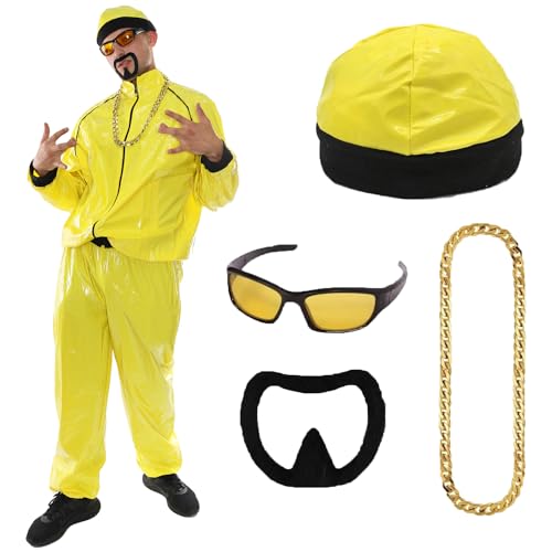 90er Jahre Celebrity Kostüm - Erwachsene Gelb & Schwarz Muschel Anzug + Passender Hut + Sonnenbrille + Goldkette + Schwarzer Ziegenbart - Lustiges Rapper Halloween Junggesellenabschied Kostüm von I LOVE FANCY DRESS