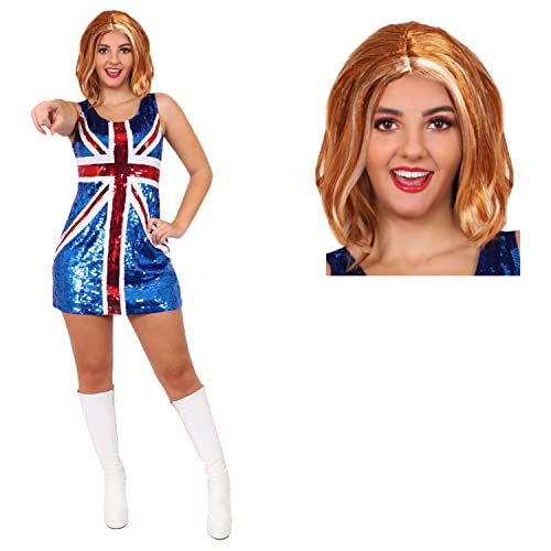 90er-Jahre-Pop-Ikonen-Kostüm mit Pailletten, Union Jack-Kleid, 90er-Jahre-Kostüm, Mädchen-Gruppen-Kostüm, Pailletten-Kleid, Ingwer-Perücke, Musik-Ikonen und Brit-Pop-Kostüm, Größe XL von I LOVE FANCY DRESS