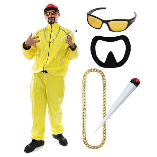 90er Jahre Rapper Kostüm - Groß - Erwachsene Gelb & Schwarz Muschelanzug + Roter Hut + Sonnenbrille + Goldkette + Jumbo Spliff + Schwarzer Ziegenbart - Lustiges Rapper Halloween Junggesellenabschied von I LOVE FANCY DRESS