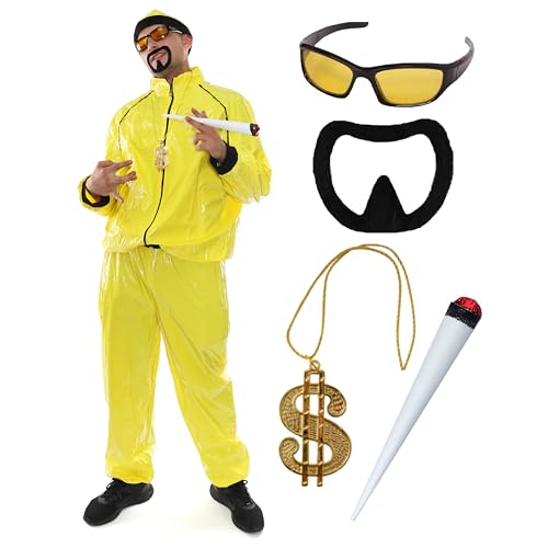 90er Jahre Rapper Kostüm - Groß - Erwachsene Gelb & Schwarz Muschelanzug + passender Hut + Sonnenbrille + Dollar Kette + Jumbo Spliff + Schwarzer Ziegenbart - Lustiges Rapper Halloween von I LOVE FANCY DRESS