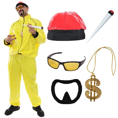 90er Jahre Rapper Kostüm - X-Large - Erwachsene Gelb & Schwarz Muschelanzug + Roter Hut + Sonnenbrille + Dollar Kette + Jumbo Spliff + Schwarzer Ziegenbart - Lustiges Rapper Halloween von I LOVE FANCY DRESS