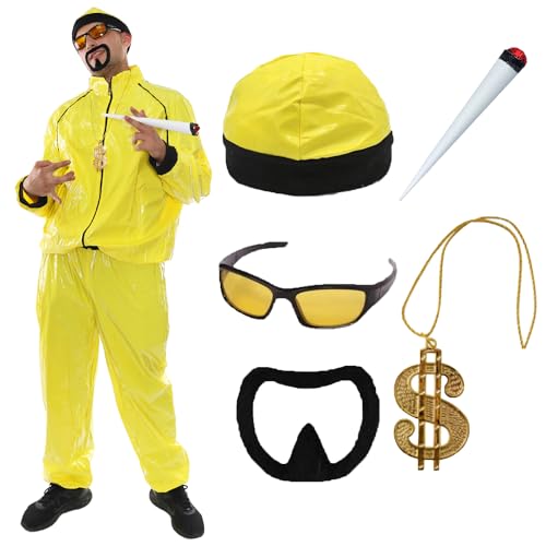 90er Jahre Rapper Kostüm - X-Large - Erwachsene Gelb & Schwarz Muschelanzug + passender Hut + Sonnenbrille + Dollar Kette + Jumbo Spliff + Schwarzer Ziegenbart - Lustiges Rapper Halloween von I LOVE FANCY DRESS