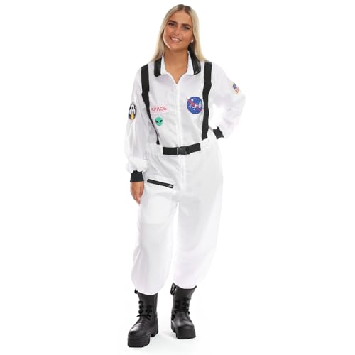 Astronauten-Kostüm für Damen, groß, weißer Raumanzug mit Astronauten-Aufklebern, historisches Kostüm für Erwachsene von I LOVE FANCY DRESS