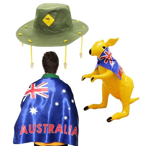 Australien-Kostüm-Set, große Aussie-Flagge und australische Korkmütze mit gelbem Kangaroo Aufdruck + aufblasbarem Kangaroo OZ Kostüm Aussie Dunee von I LOVE FANCY DRESS