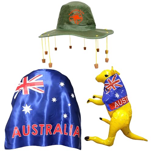 Australien Kostüm Set - Umhang mit australischer Flagge, australischer Korkhut und gelbes aufblasbares Känguru - Australia Day Kostüm Zubehör Set von I LOVE FANCY DRESS