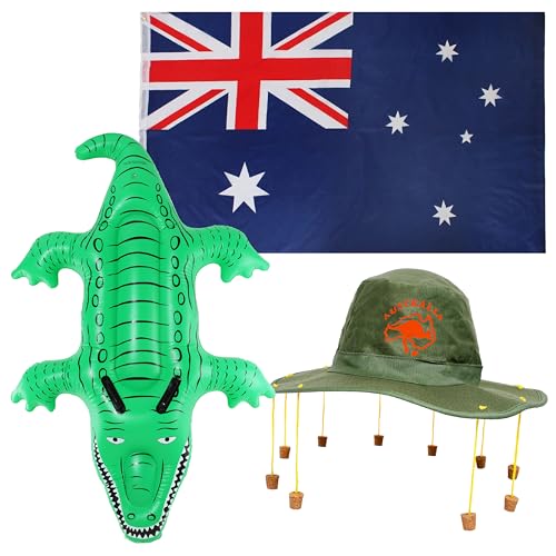 Australien-Tag-Kostüm-Set, große Flagge aus Amerika + australischer Korkhut mit Kangaroo-Aufdruck + aufblasbares Tier-Oz-Kostüm, Aussie-Dundee von I LOVE FANCY DRESS