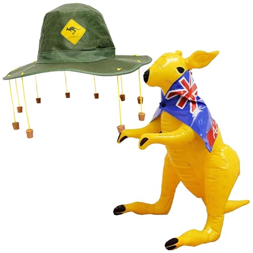 Australisches Känguru, Korkhut & aufblasbares Känguru – aufblasbares Känguru mit Umhang der australischen Flagge, grüner Hut mit Känguru-Print und Korken um die Krempe – perfekt für australische Tage von I LOVE FANCY DRESS