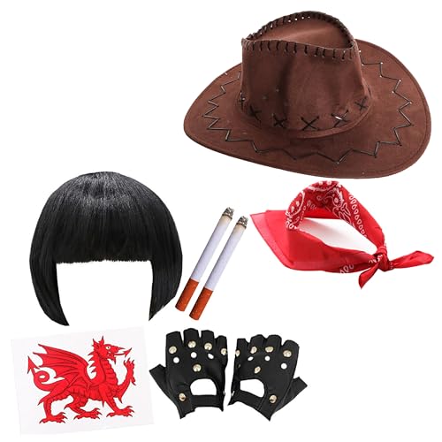 Barn Dance Couples Costume - Black Bob Wig, walsh Dragon Tattoo, Studded Gloves Fake Cigarettes, Brown Cowboy Hat, Red Paisley Bandana - Adults TV Characters Fancy Dress Accessory Set von I LOVE FANCY DRESS