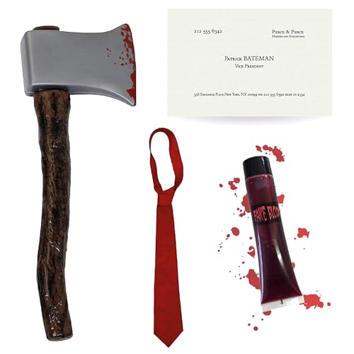 Batman-Zubehör-Set – Blutaxt + rote Krawatte + Visitenkarte + falsches Blut – Erwachsene American Psycho, TV & Film Charakter Halloween Kostüm von I LOVE FANCY DRESS