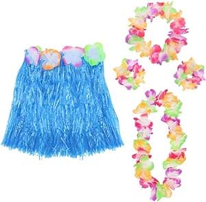 Blaues Hawaii-Set, Kostüm-Set, farbig, 40 cm, kurzer Hula-Rock + Blumen-Lei-Halskette + Paar Blumen-Armbänder + Blumen-Stirnband, 5-teiliges Hawaii-Grasrock, Luau von I LOVE FANCY DRESS