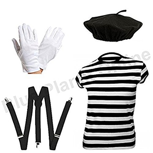 Blue Planet Online - Ladies French Mime Artiste T Shirt, Beret, Gloves & Braces Fancy Dress (Women: 10-12) von I LOVE FANCY DRESS