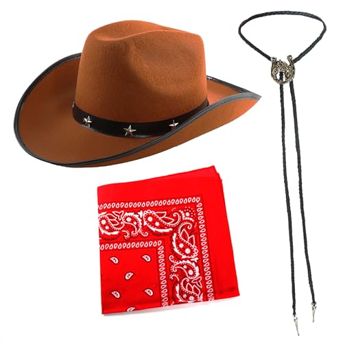 Brauner Cowboyhut mit Nieten und Bandana und Krawatte, brauner Cowboyhut, rotes Bandana und schwarze Stiefelspitzen-Krawatte mit Pferde-Medaillon – perfekt für jede Kostümparty von I LOVE FANCY DRESS