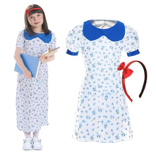 Bücherwurm-Kostüm für Kinder, Größe S, weißes Kleid mit blauen Blumendetails und rotem Stirnband – perfekt für den Welttag des Buches von I LOVE FANCY DRESS