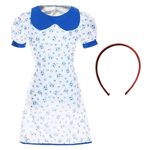 Bücherwurm-Kostüm für Kinder, Größe S, weißes Kleid mit blauen Blumendetails und rotem Stirnband – perfekt für den Welttag des Buches von I LOVE FANCY DRESS