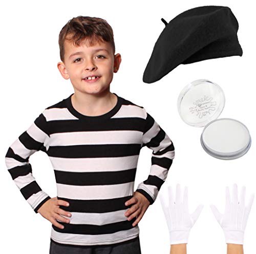 CHILD'FRANZÖSISCHEN MIME-KOSTÜM LEHRPLÄNEN BUCHWOCHE SCHWARZ GESTREIFTES T-SHIRT MIT SCHWARZEM BARETT KID'S WEISSEN HANDSCHUHEN UND ZIFFERBLATT WEISS, GRÖSSE S BIS XL von I LOVE FANCY DRESS