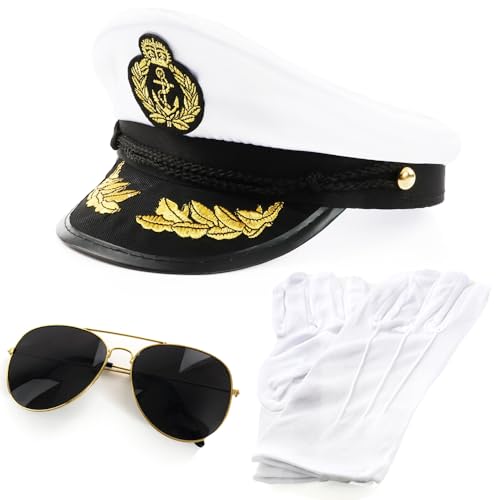 Captain Zubehör Set - Weiß Satin Kapitänsmütze, Sonnenbrille und weiße Handschuhe - Erwachsene Matrosen Kostüm Zubehör Set von I LOVE FANCY DRESS