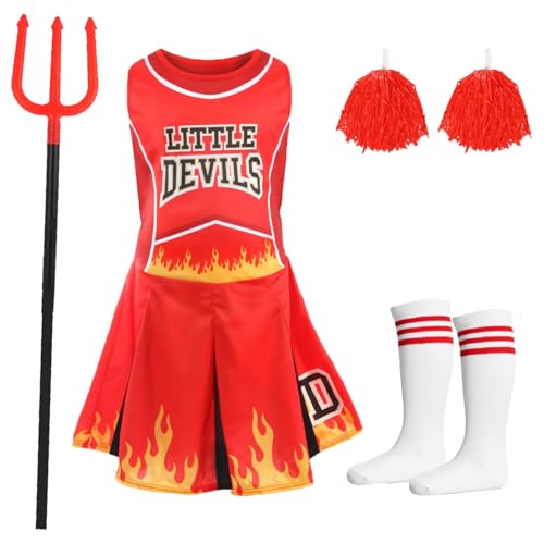 Cheerleader-Kleid für Kinder, Halloween, Teufels-Cheerleader-Kleid + Socken + Pompons + Devil Pitchgabel – perfekt für Halloween von I LOVE FANCY DRESS