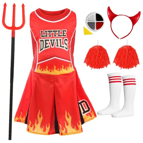 Cheerleader-Kleid für Kinder, Halloween, Teufelskleid, Socken, Pompons, Gesichtsfarbe, Hörner, Teufel, Pitchgabel, perfekt für Halloween von I LOVE FANCY DRESS