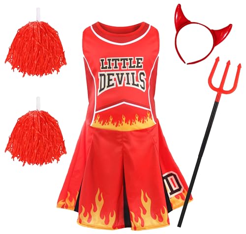 Child Devil Cheerleader - Groß - Cheerleader Kleid, Rote Pompons, Teufelshörner, Teufel Pitchfork - Perfekt für Halloween von I LOVE FANCY DRESS