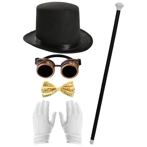 Chocolate Factory Boss Zubehör-Set für Erwachsene, schwarzer Zylinder, braune Brille, goldfarbene Pailletten-Krawatte, weiße Handschuhe und 3-teiliger Gehstock, perfekt für den Welttag des Buches und von I LOVE FANCY DRESS