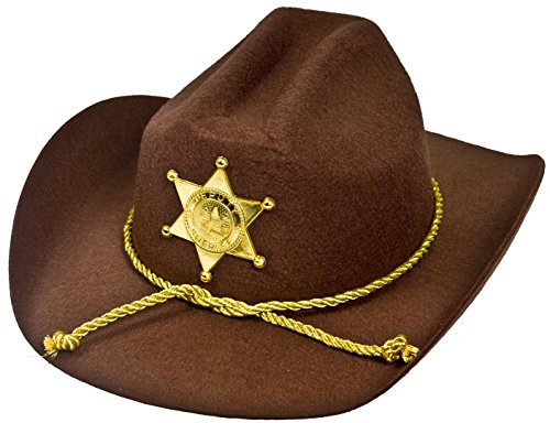 Cowboy-Hut, amerikanischer Sheriffstern, aus braunem Filz, Sheriffstern in Gold, aus Kunststoff von I LOVE FANCY DRESS