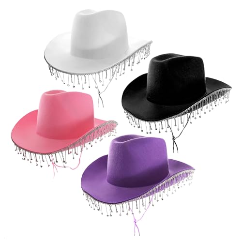 Cowgirl-Hüte mit Strasssteinen, 4 Stück, schwarz, rosa, lila und weiß, Cowboyhüte mit Diamantbesatz, für Erwachsene, glitzerndes Konzert-Zubehör-Set von I LOVE FANCY DRESS