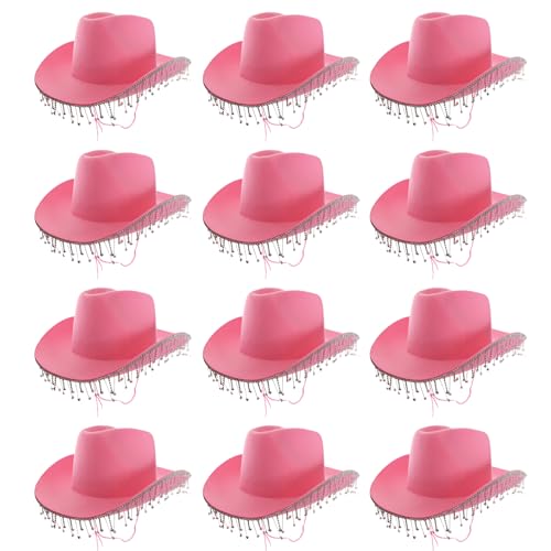 Cowgirl-Hut für Erwachsene, 24 Stück, rosa Cowboyhut mit Diamant-Fransen, für Erwachsene, glitzernd, Cowgirl-Hut, Western-Party, Kostümzubehör von I LOVE FANCY DRESS