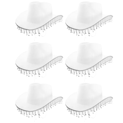 Cowgirl-Hut für Erwachsene, Diamant, 6 Stück, weißer Cowboyhut mit Fransen aus Diamanten, für Erwachsene, glitzernd, Cowgirl-Hut, Westernparty, Kostümzubehör von I LOVE FANCY DRESS