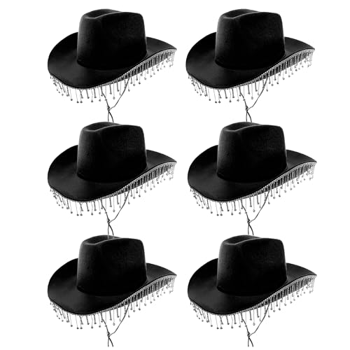 Cowgirl-Hut für Erwachsene, Diamant-Optik, 6 Stück, schwarzer Filz-Cowboyhut mit Diamant-Details, für Erwachsene, glitzernd, Cowgirl-Hut, Western-Party, Kostümzubehör von I LOVE FANCY DRESS