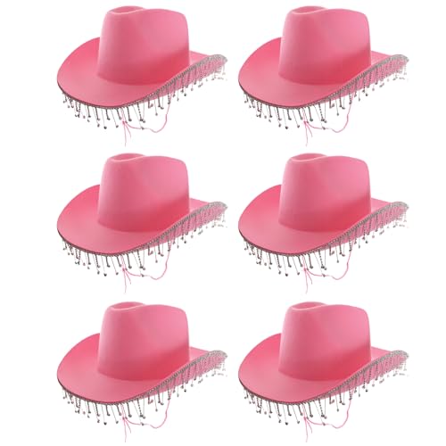 Cowgirl-Hut für Erwachsene, mit Diamant-Fransen, 6 Stück, rosa Cowboyhut mit Diamant-Fransen, für Erwachsene, glitzernd, Cowgirl-Hut, Western-Party, Kostümzubehör von I LOVE FANCY DRESS